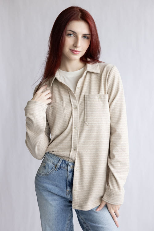 Thread & Supply Lewis Soft Luxe Button Up Shirt for Women in Tan White