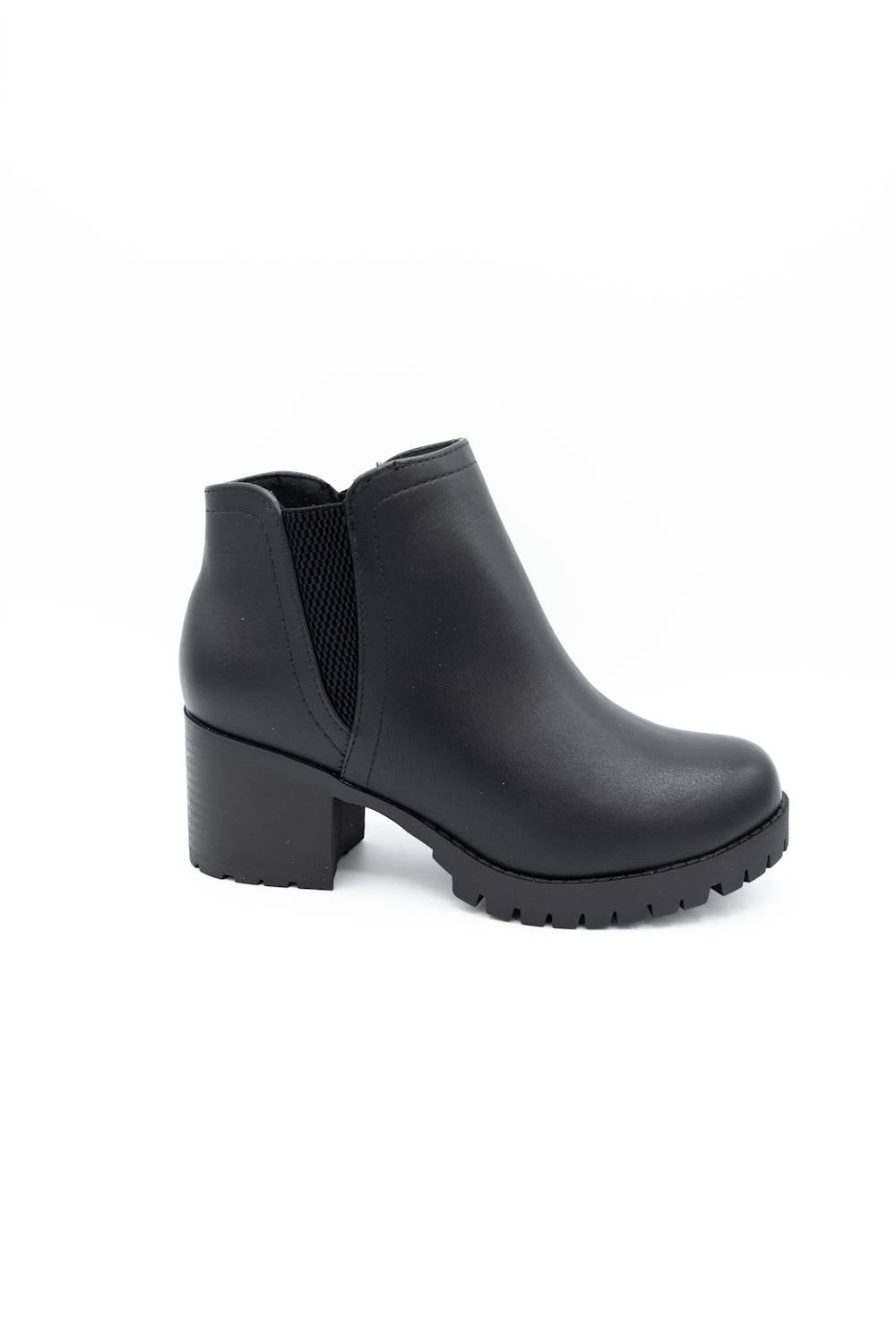 A single black leather ankle boot with a chunky block heel and a textured lug sole, shown from a three-quarters angle on a white background.
