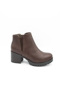 A single brown leather ankle boot with a chunky block heel and a black textured sole, shown from a side profile on a white background.