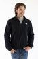 A man wearing a black long-sleeve quarter-zip pullover jacket and blue jeans, set against a plain white studio background.