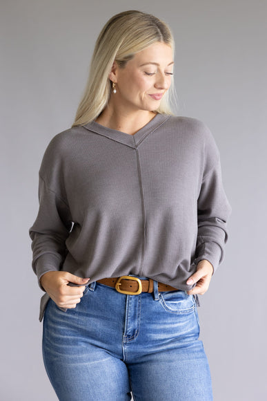 Thermal V-Neck Oversized Top for Women in Charcoal