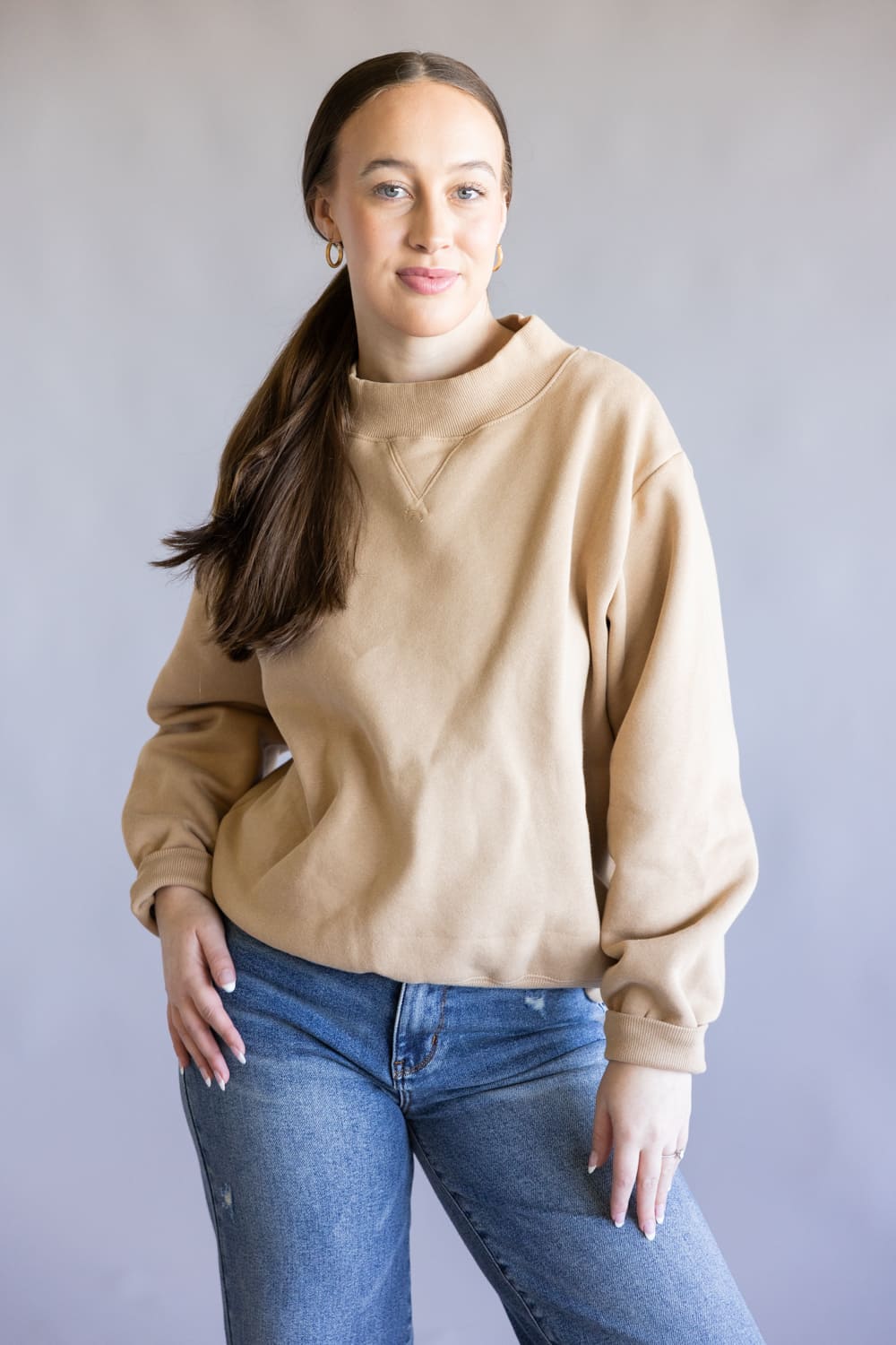 Things Between Mock Neck Pullover for Women in Tan | TBT14112-TAN