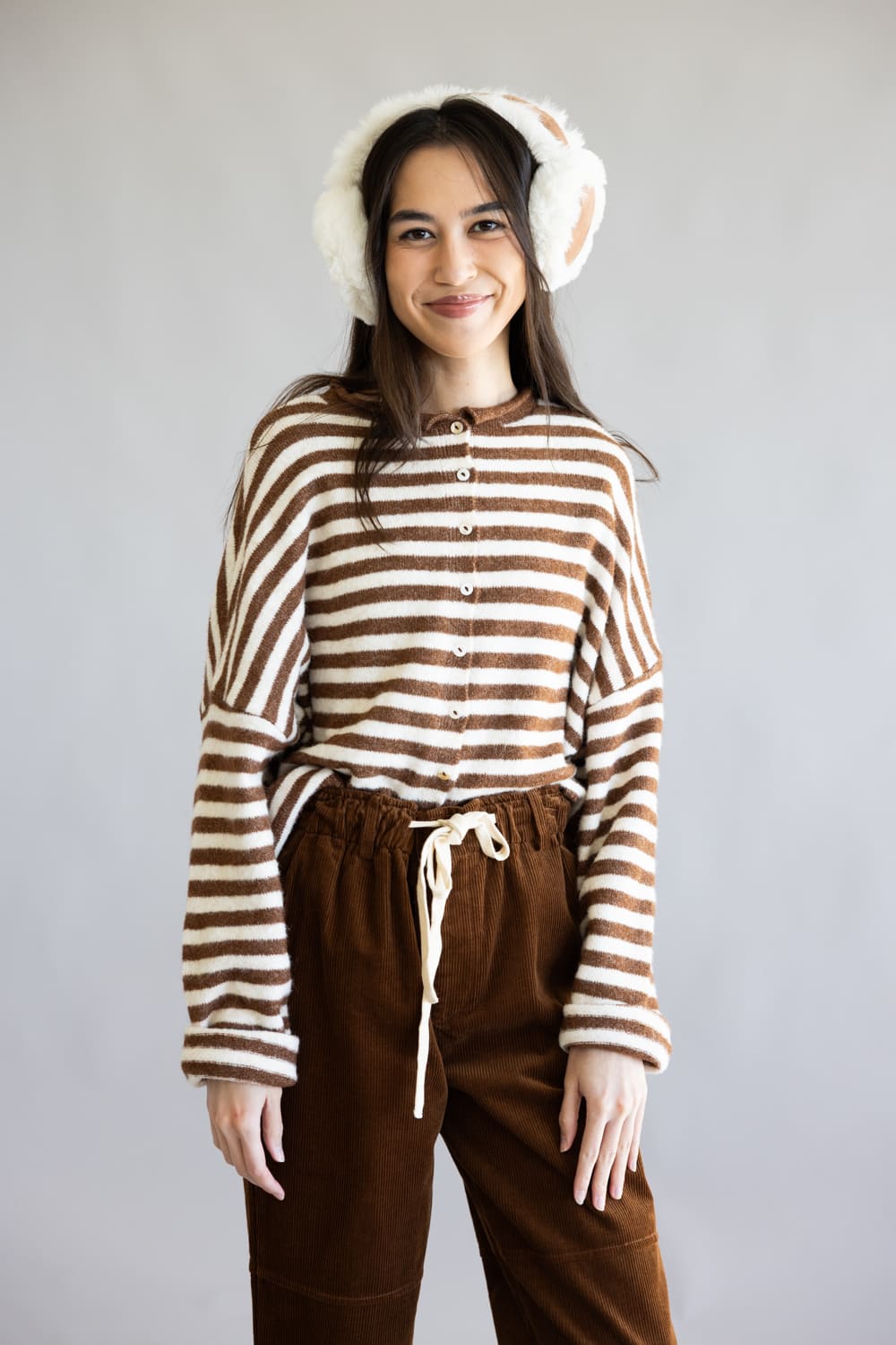 Things Between Piper Cardigan for Women in Brown Stripe | TBW1223