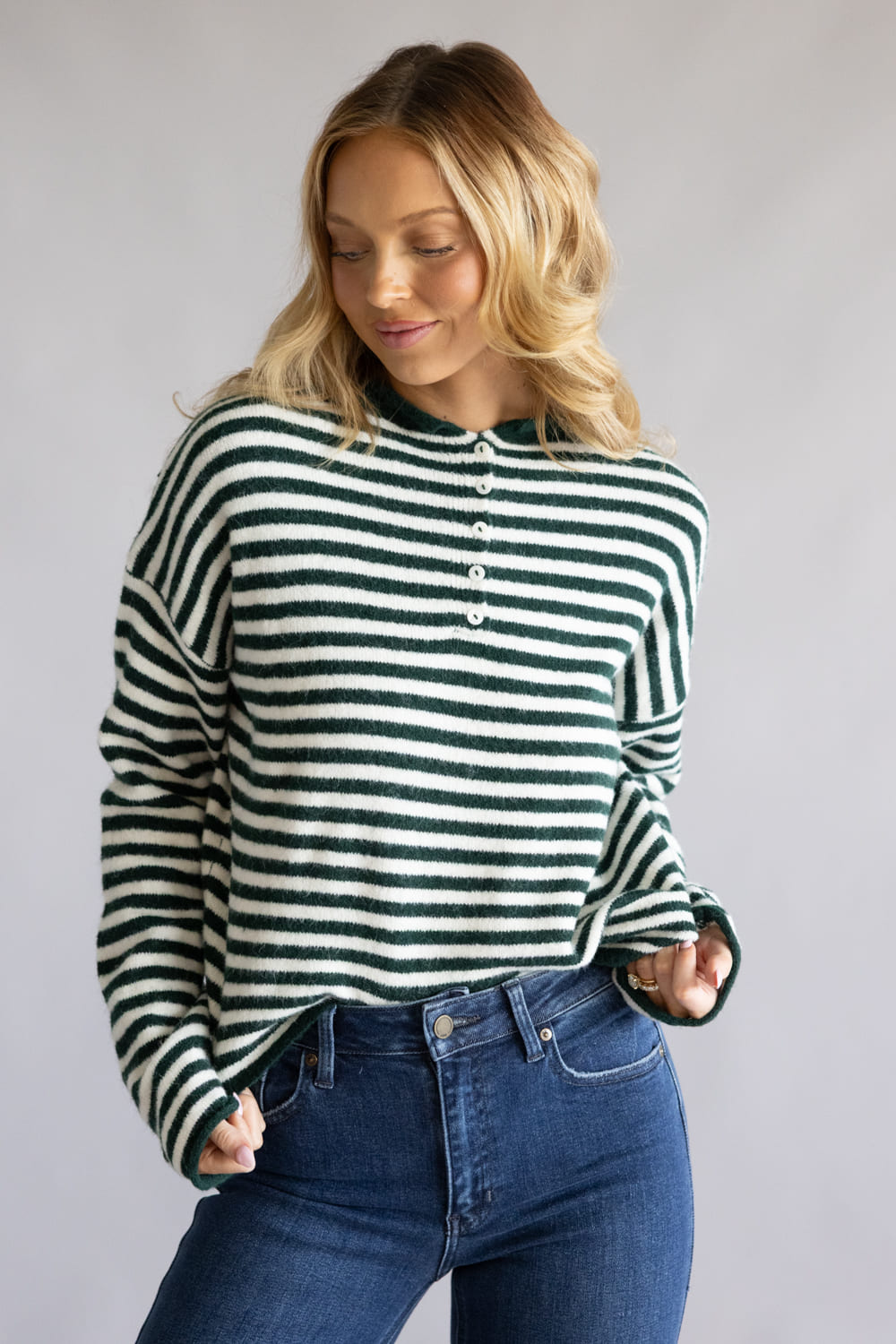 Things Between Piper Henley Shirt for Women in Forest Green Stripe