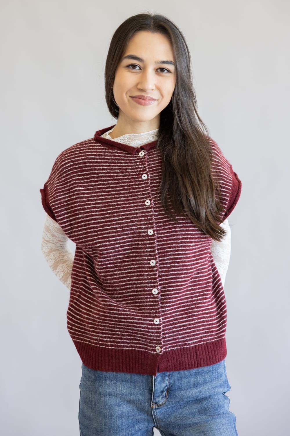 Things Between Stripe Cap Sleeve Piper Cardigan for Women in Wine