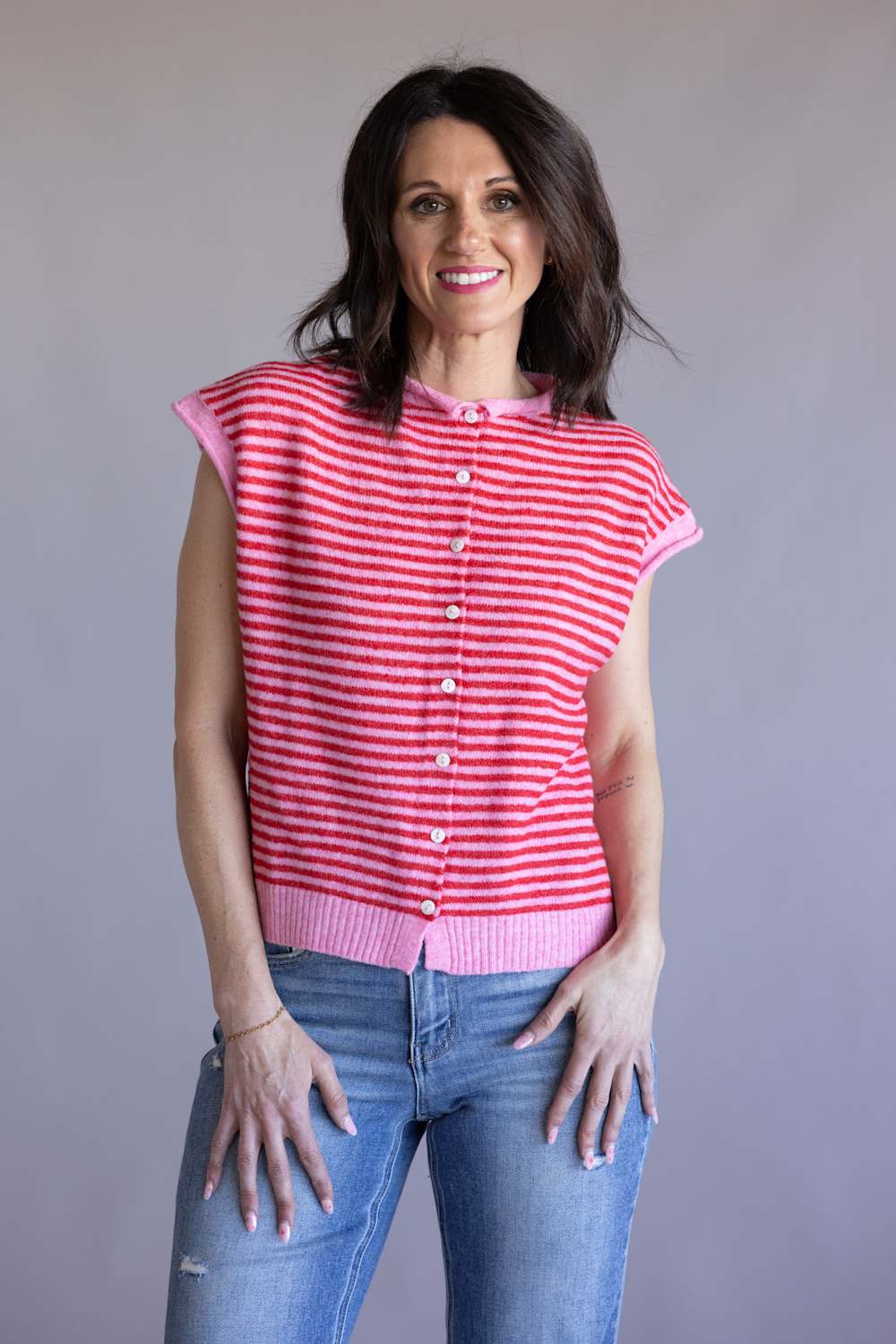Things Between Striped Cap Sleeve Piper Cardigan for Women in Pink