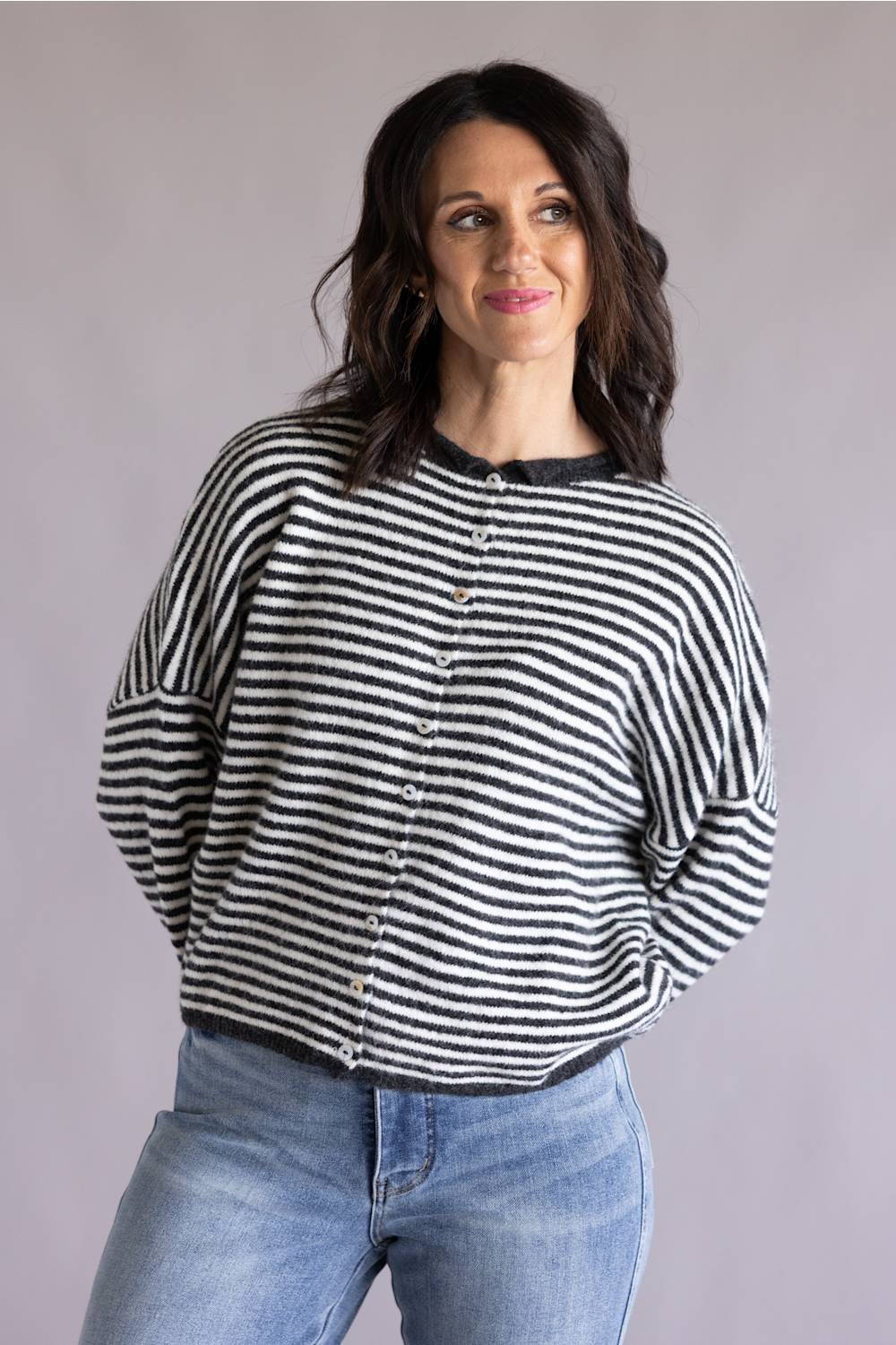 Things Between Striped Piper Cardigan for Women in Charcoal