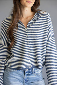 Things Between Striped Piper Cardigan for Women in Denim