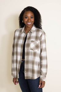 Thread & Supply Button Up Flannel Plaid Shirt for Women in White/Sage Green