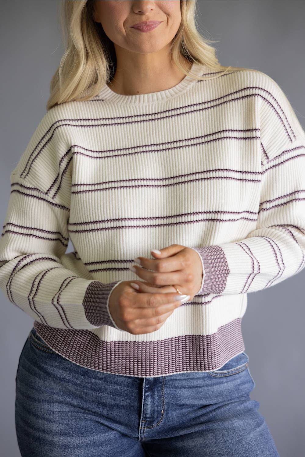 Thread & Supply Ely Knit Sweater for Women in Cream/Burgundy Stripe
