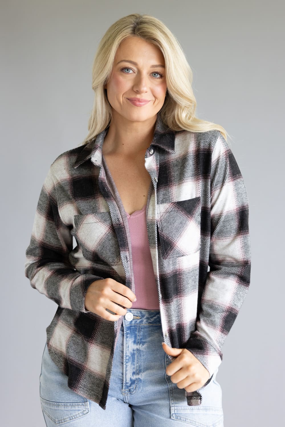 Thread & Supply Saja Button Up Shirt for Women in Black White Rose Plaid