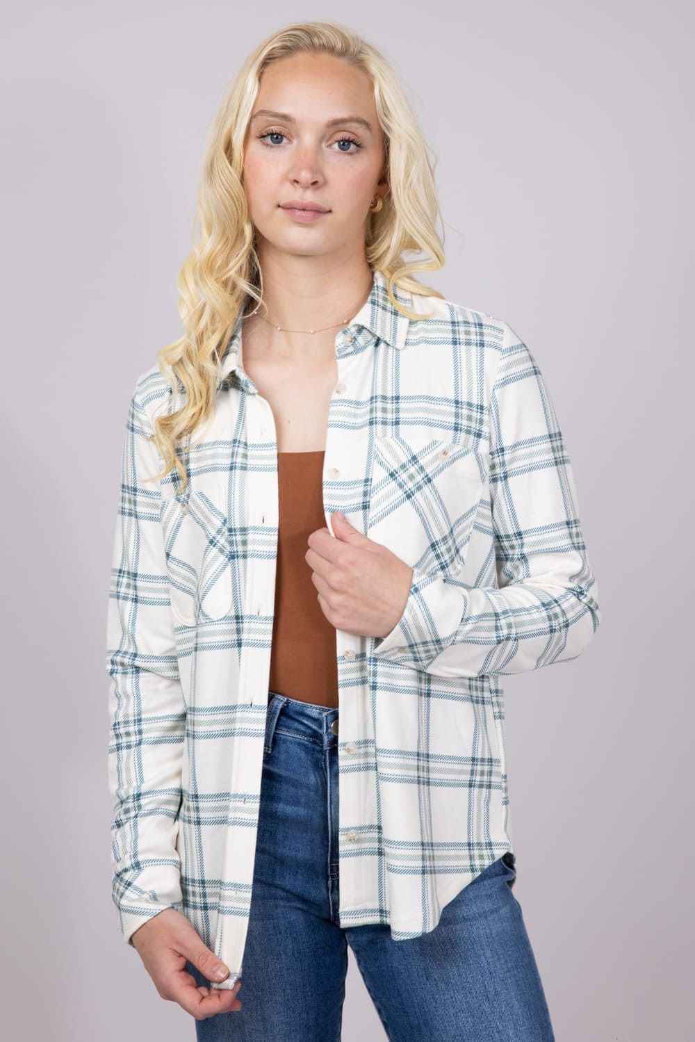 Thread & Supply Lewis Soft Luxe Button Up Shirt for Women in Ivory/Mint Plaid