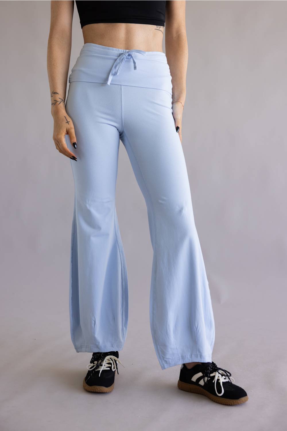 Tie Waist Bubble Flare Leggings for Women in Pastel Blue