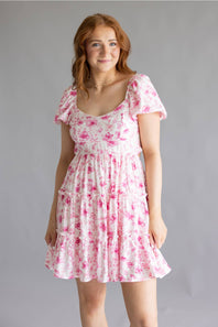 Tiered Floral Back Tie Dress for Women in Pink