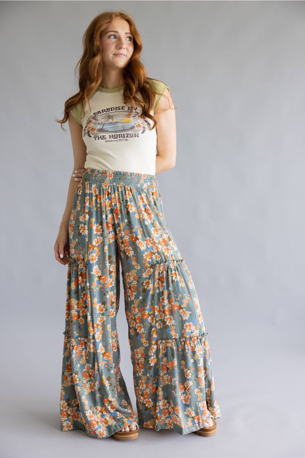 Tiered Floral Beach Pants for Women in Teal