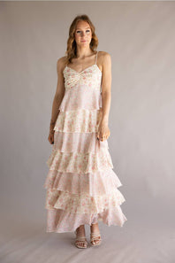 Tiered Floral Ruffle Maxi Dress for Women in Pink Multi
