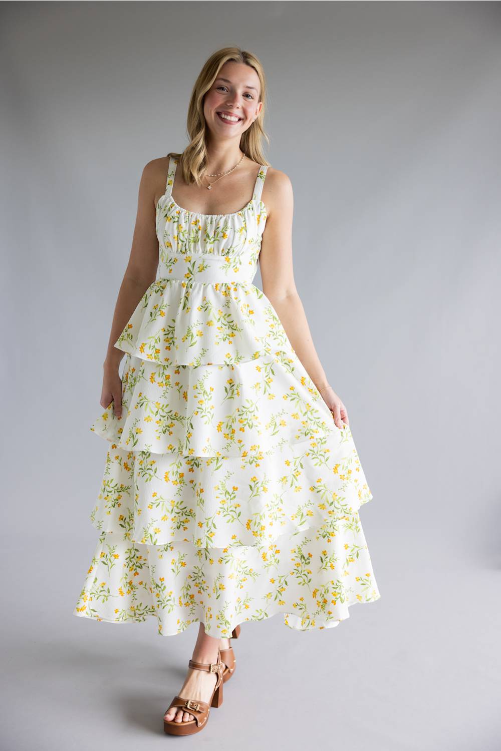 Tiered Tie Back Floral Maxi Dress for Women in White/Yellow