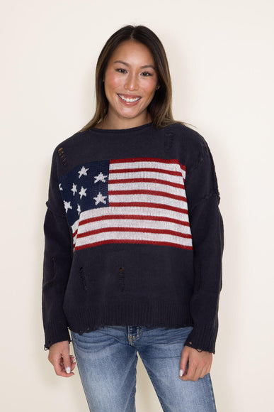 Distressed American Flag Sweater for Women in Charcoal