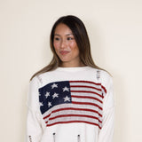 Distressed American Flag Sweater for Women in Cream