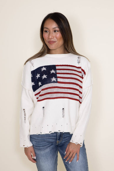 Distressed American Flag Sweater for Women in Cream