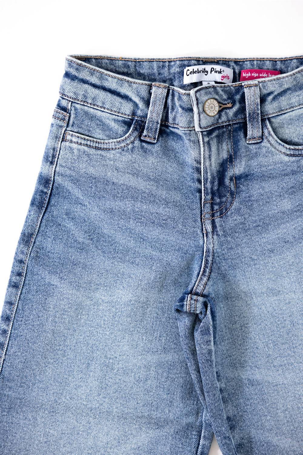 Close-up of light blue denim jeans showing the waistband, belt loops, button, front pockets, and fly area on a white background.