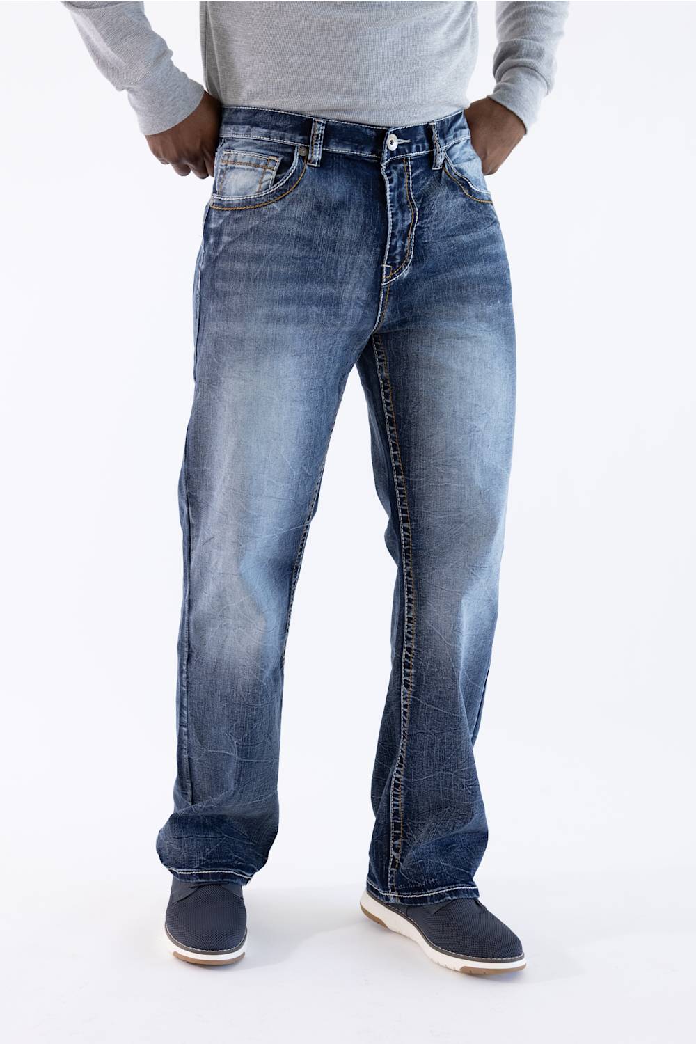 Close-up back view of men's dark wash loose straight-leg denim jeans focusing on the waistband and pocket details.