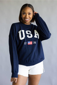 Embroidered USA 1776 Crewneck for Women in Navy