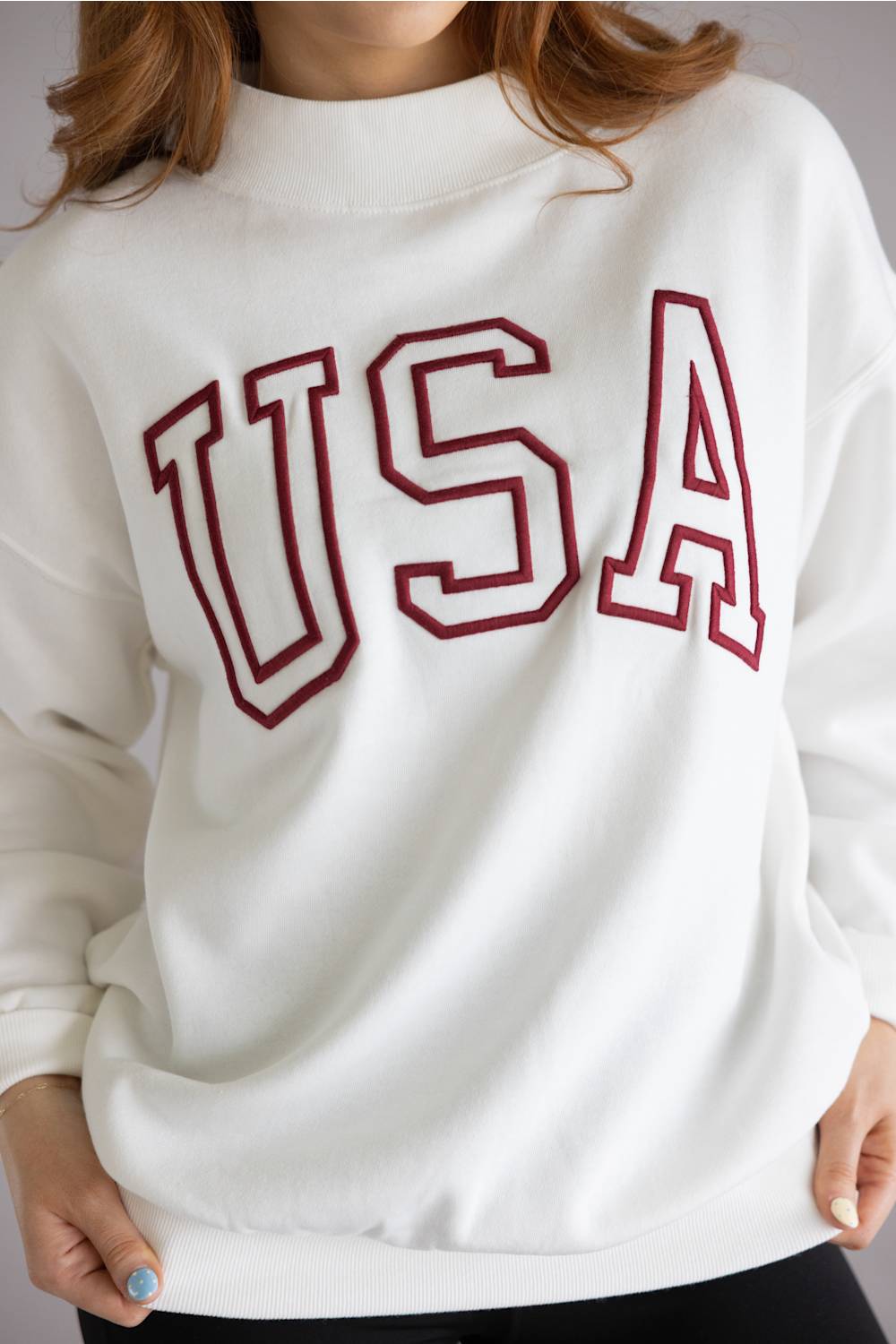 1897 Active USA Embroidered Mock Neck Sweatshirt for Women in Ivory