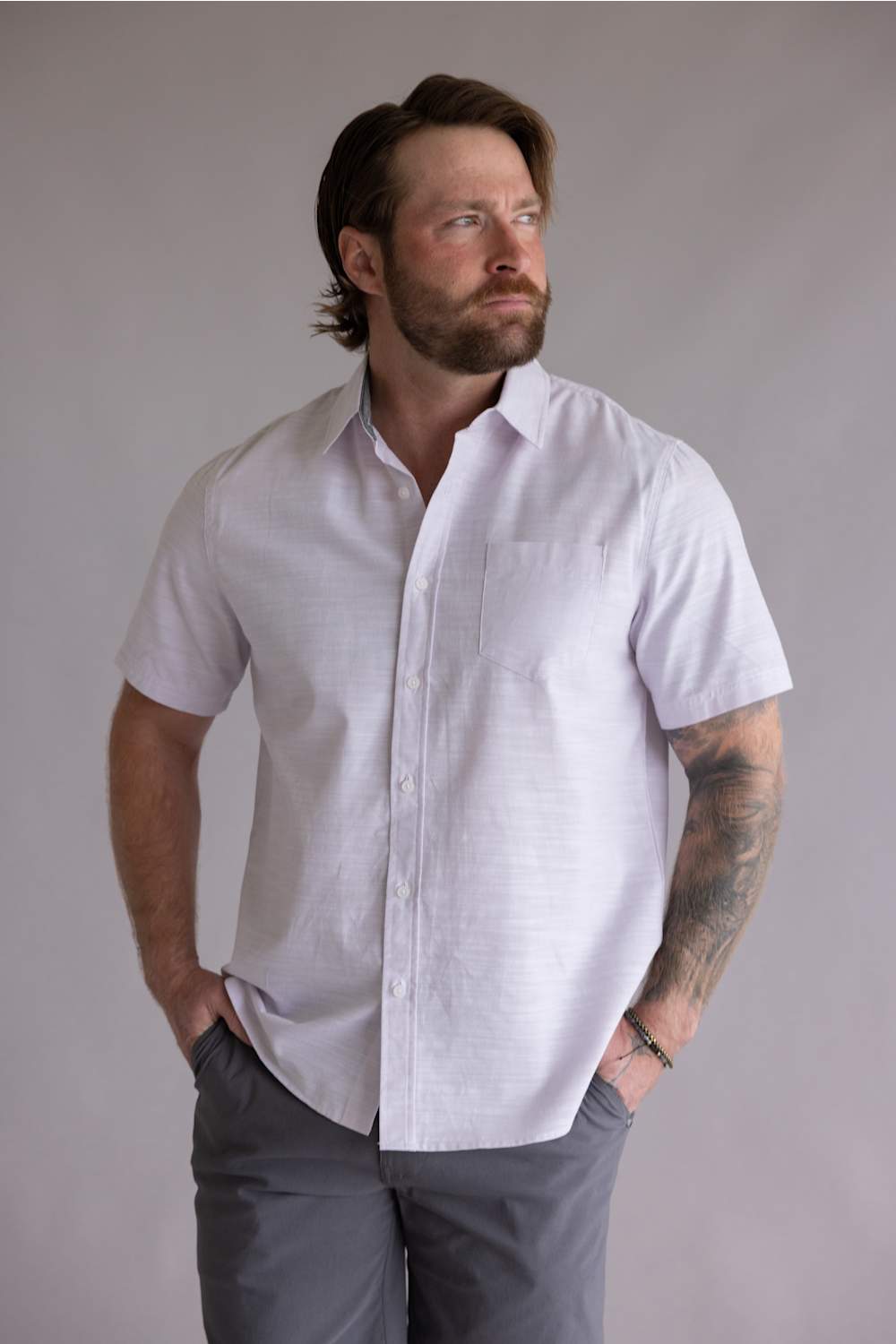 Union Lennox slub cotton button up shirt thistle