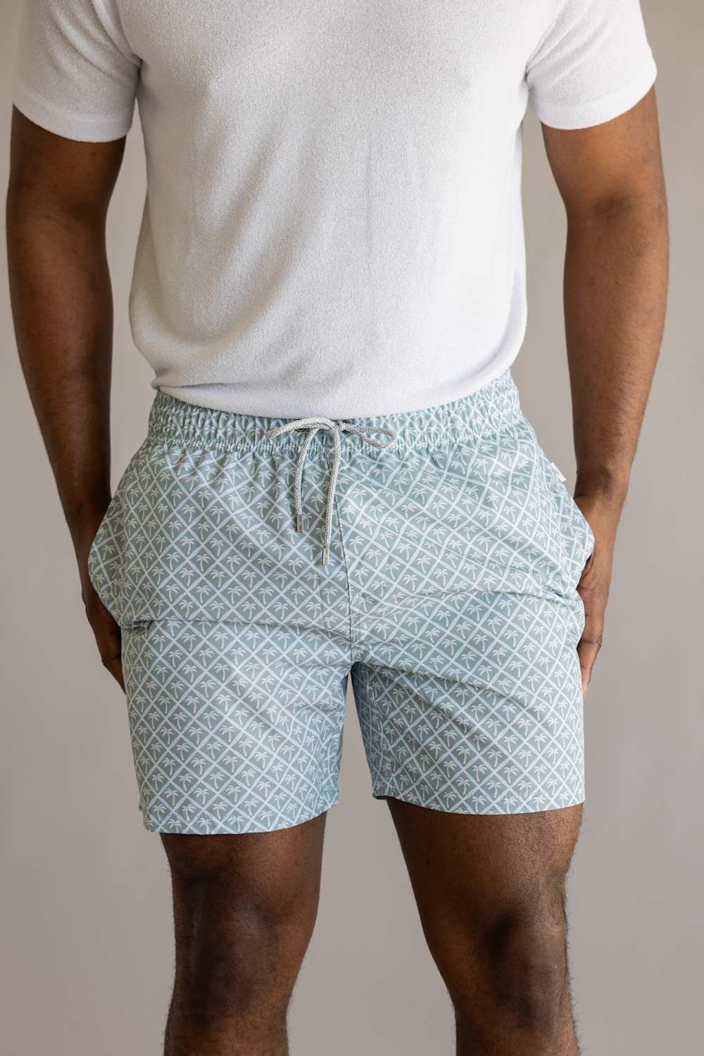 Vintage Summer 4 Way Stretch Volley Shorts for Men in Sage Palm Trees