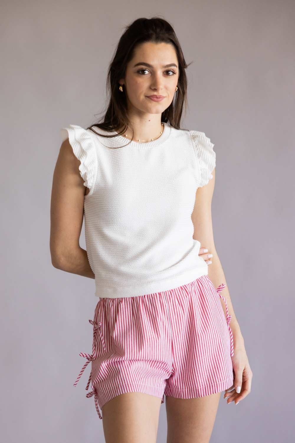 Urban Rib Flutter Sleeve Top for Women in White
