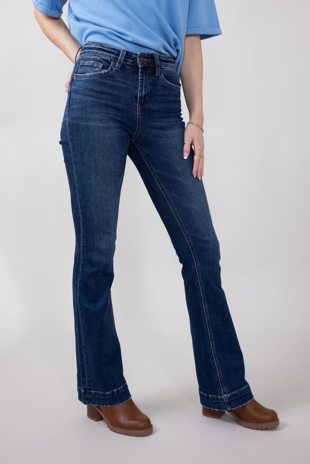 Vervet High Rise Dark Wash Trousers Hem Bootcut Jeans for Women