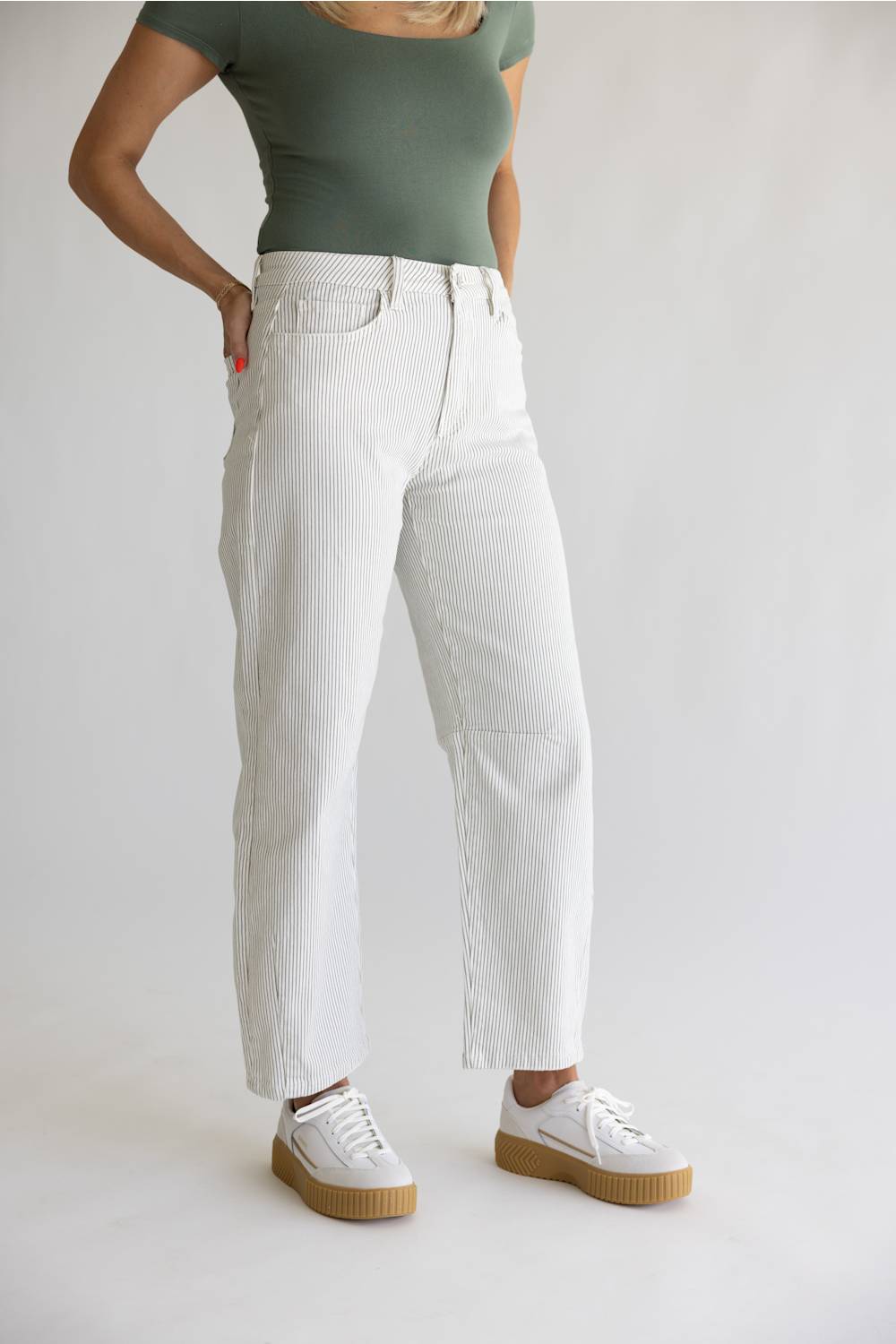 Vervet High Rise Striped Barrel Leg Jeans for Women in Tan