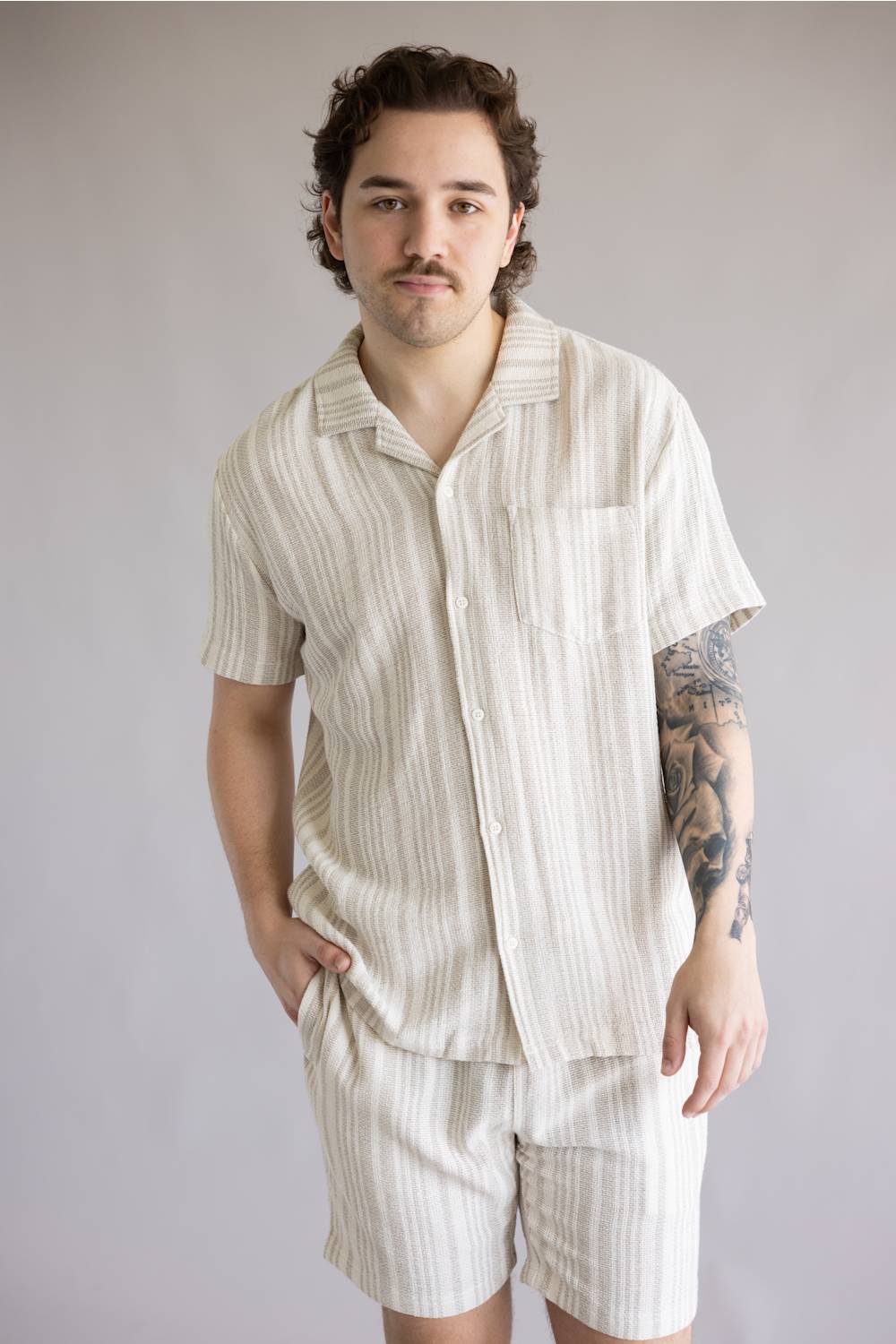 Vintage Summer Basketweave Button Up Shirt for Men in Tan | V84902