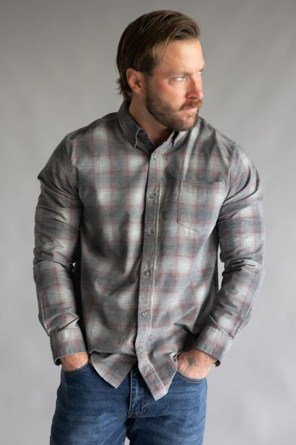 Weatherproof Vintage Long Sleeve Plaid Cord Shirt for Men in Carmine Red