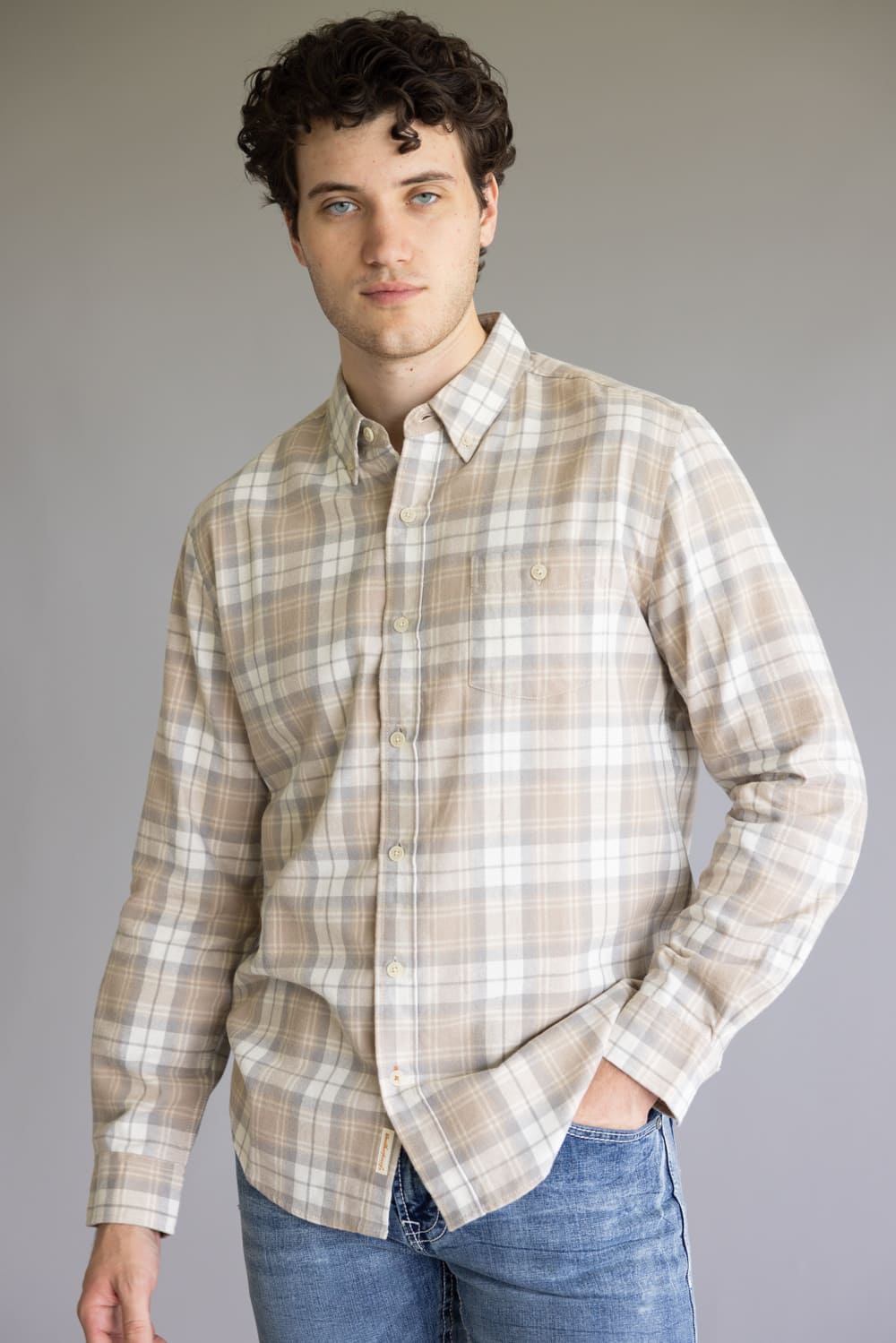 Weatherproof Vintage Brushed Flannel Shirt for Men in Beige