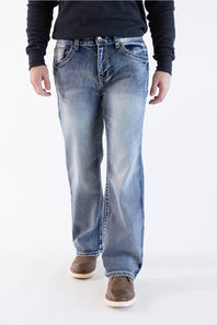 Front view of a model wearing True Luck Weller loose straight-leg jeans in a medium-to-dark wash.