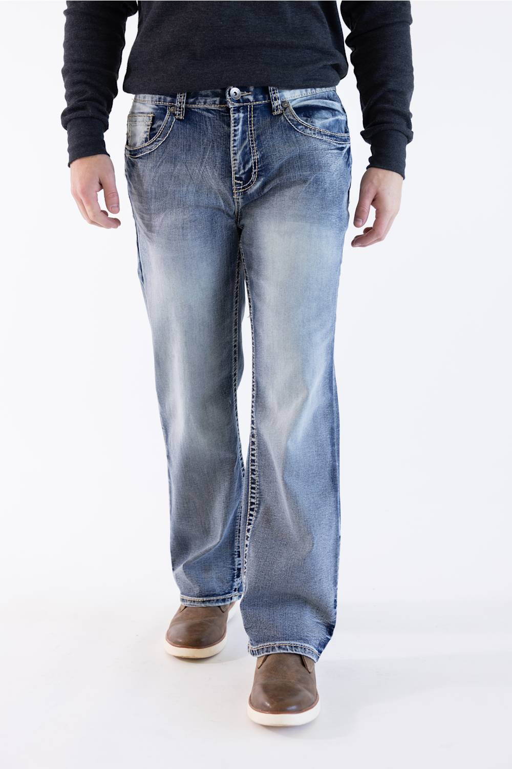 Front view of a model wearing True Luck Weller loose straight-leg jeans in a medium-to-dark wash.