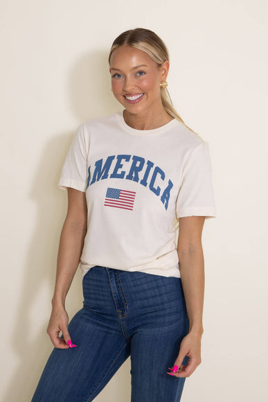America with Flag Graphic T-Shirt for Women in Ivory
