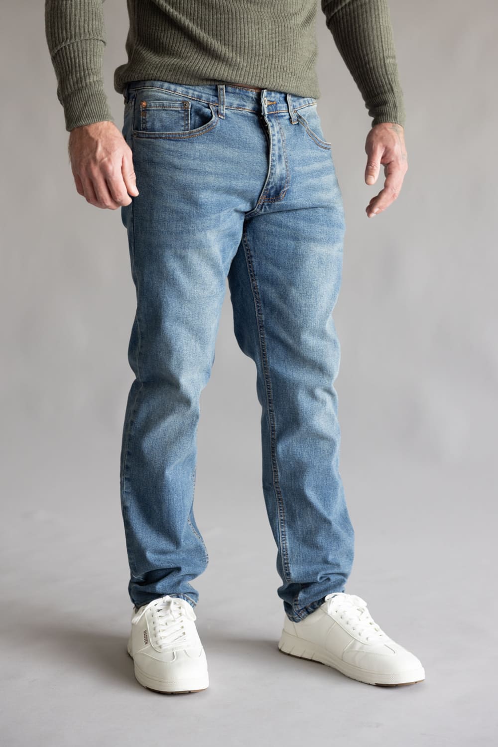 Weatherproof Vintage Athletic Jeans for Men in Rainwash