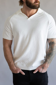 Weatherproof Vintage Johnny Collar Polo Sweater Shirt for Men in Bleached White
