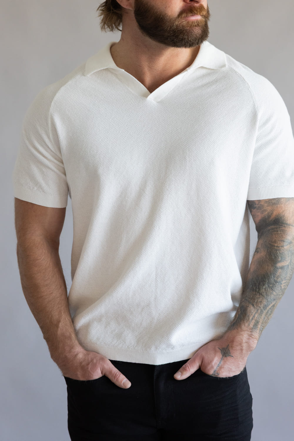 Weatherproof Vintage Johnny Collar Polo Sweater Shirt for Men in Bleached White