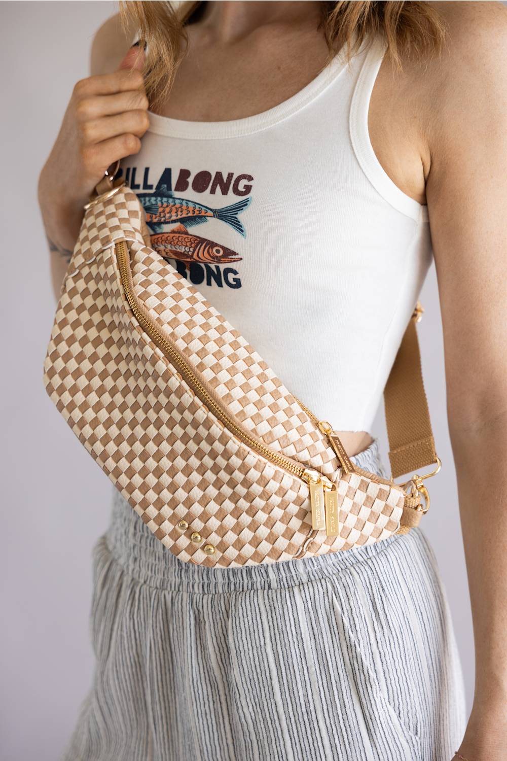 Weave Checkered Belt Bag for Women in Tan