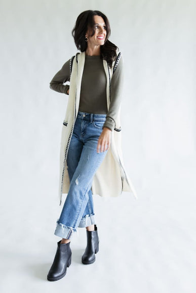 Whip Stitch Long Hooded Cardigan for Women in Ivory