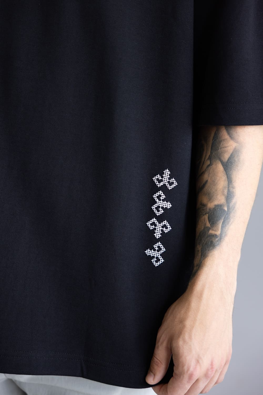 White Geo Embroidered T-Shirt for Men in Black