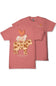 A dusty rose short-sleeve t-shirt with a graphic of a cow, rooster, and sheep on the front, layered over a second view of the same shirt showing a small chest logo.