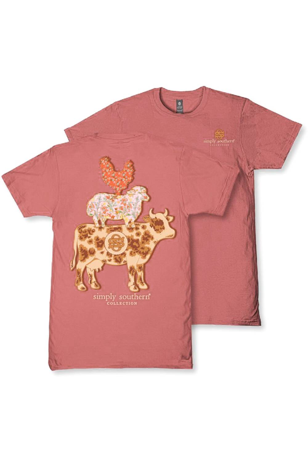 A dusty rose short-sleeve t-shirt with a graphic of a cow, rooster, and sheep on the front, layered over a second view of the same shirt showing a small chest logo.