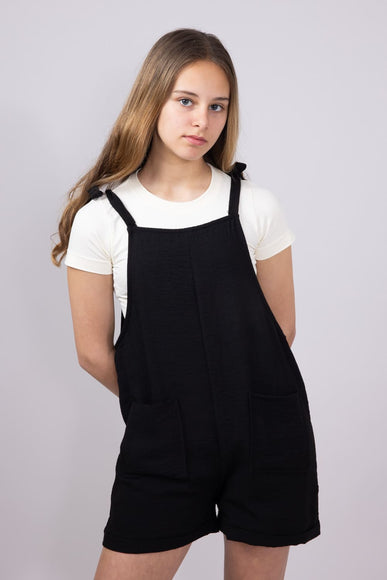Youth Linen Tie Shoulder Romper for Girls in Black