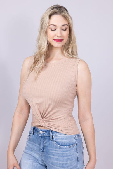 Ribbed Knit Twist Front Tank Top for Women in Mocha