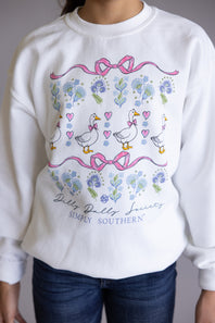 Simply Southern Youth Dilly Dally Goose Crewneck for Girls in White
